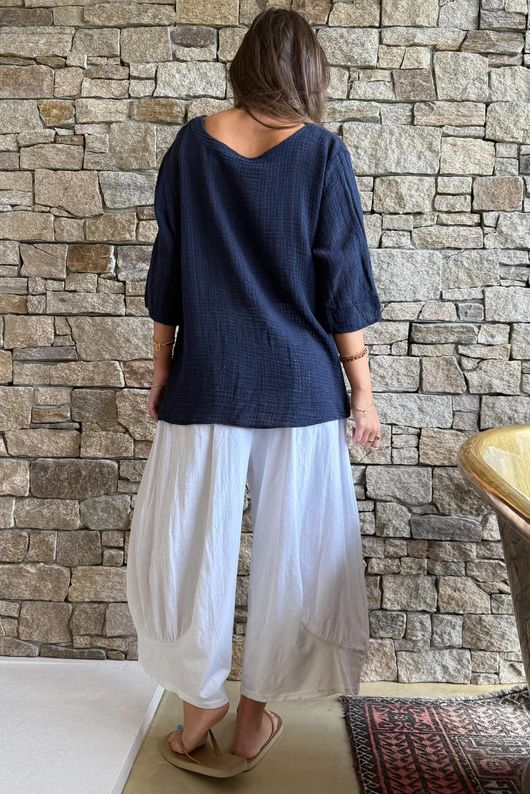 Andi Basket Linen Blend Top Navy